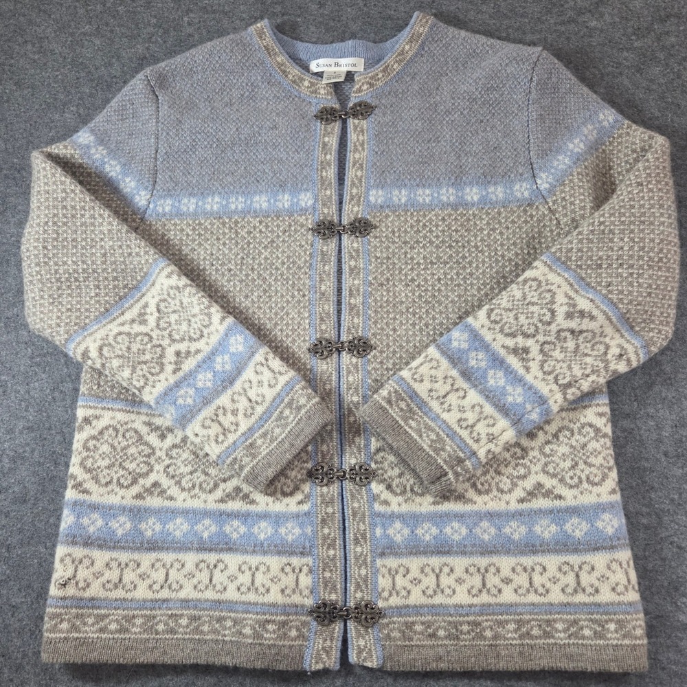 Vintage Susan Bristol Wool Cardigan S Fair Isle Nordic Metal Clasp Long Sweater